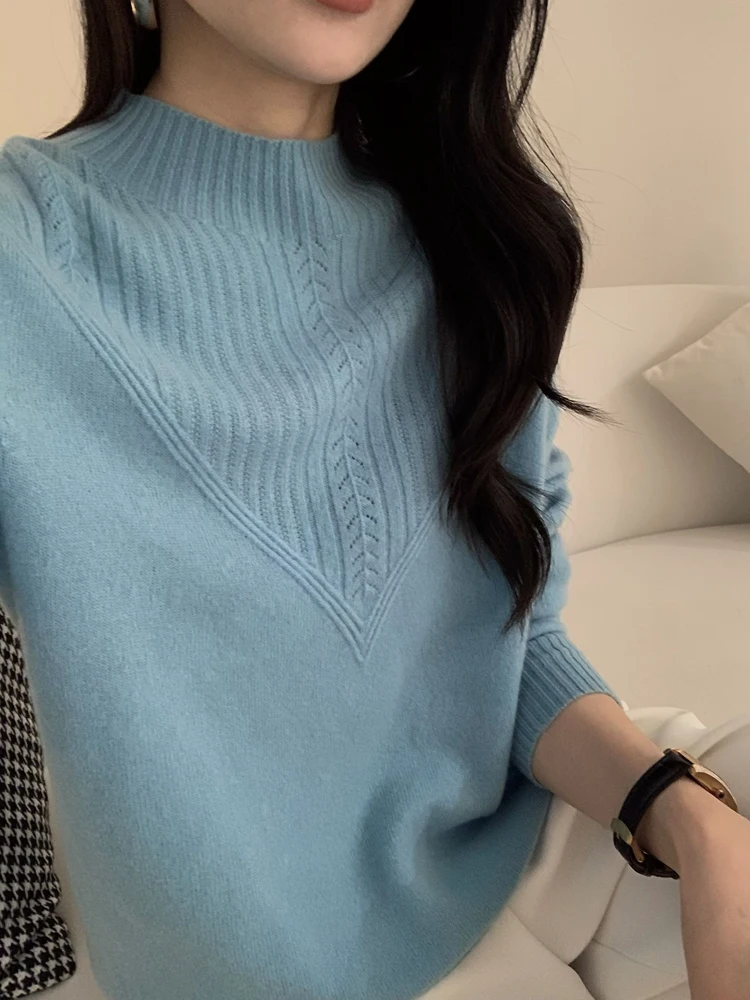 

Свитер из 100% австралийской шерсти, женский вязаный бесшовный пуловер с воротником-стойкой и длинными рукавами, осенне-зимняя одежда, теплые джемперы, топы