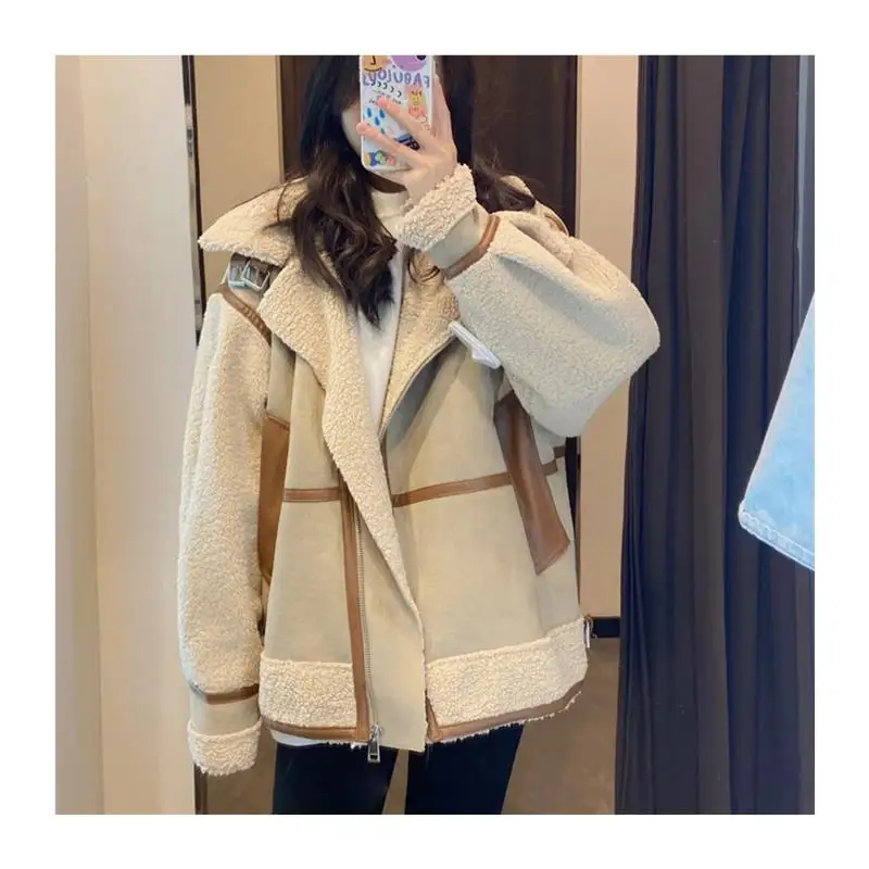 

Осень-зима Thiened Lamb Fur Jaet, женский мотоциклетный дизайн, уличная мода, полиэфирное волокно, застежка-молния