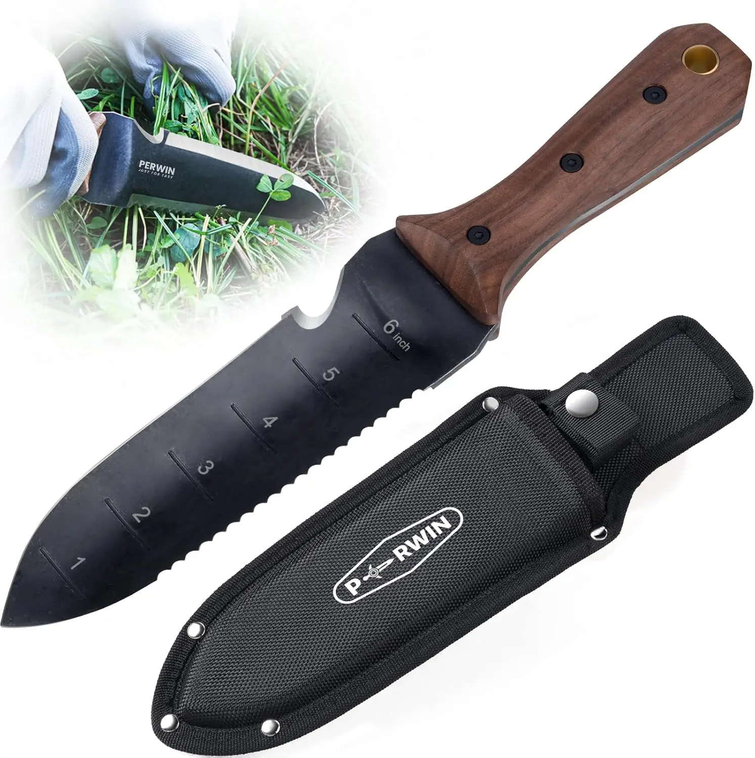 

7" Stainless Steel Garden Knife with Sheath for Weeding, Planting, Digging - Full-Tang Wood Handle & Hanging Hole