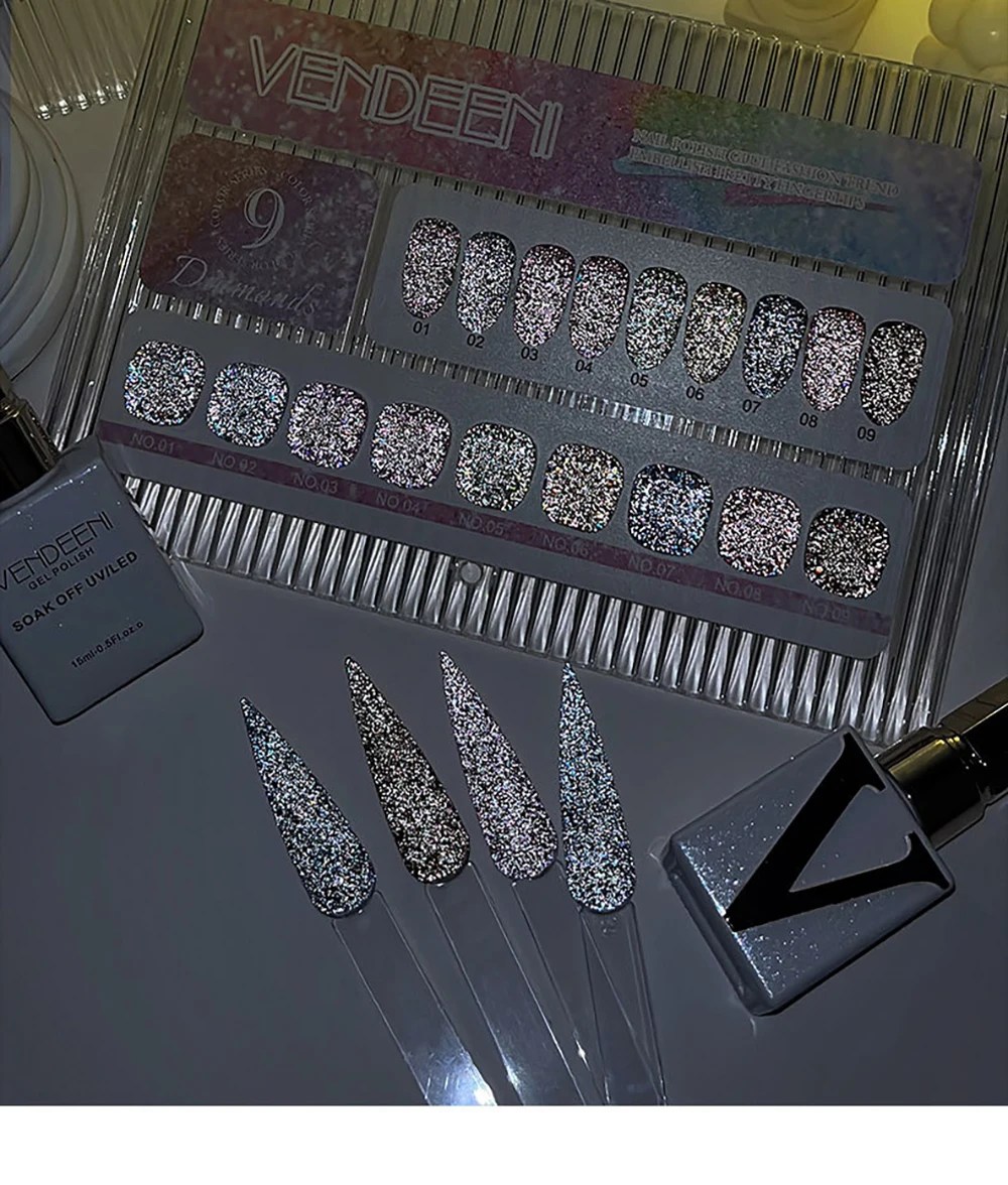 Vendeeni 9 Farben/Set Regenbogen Glitzer Gebrochener Diamant Gel Nagellack UV LED Aushärtbarer Gel-Lack Flash Nail Art Gel mit Display – Detail 8