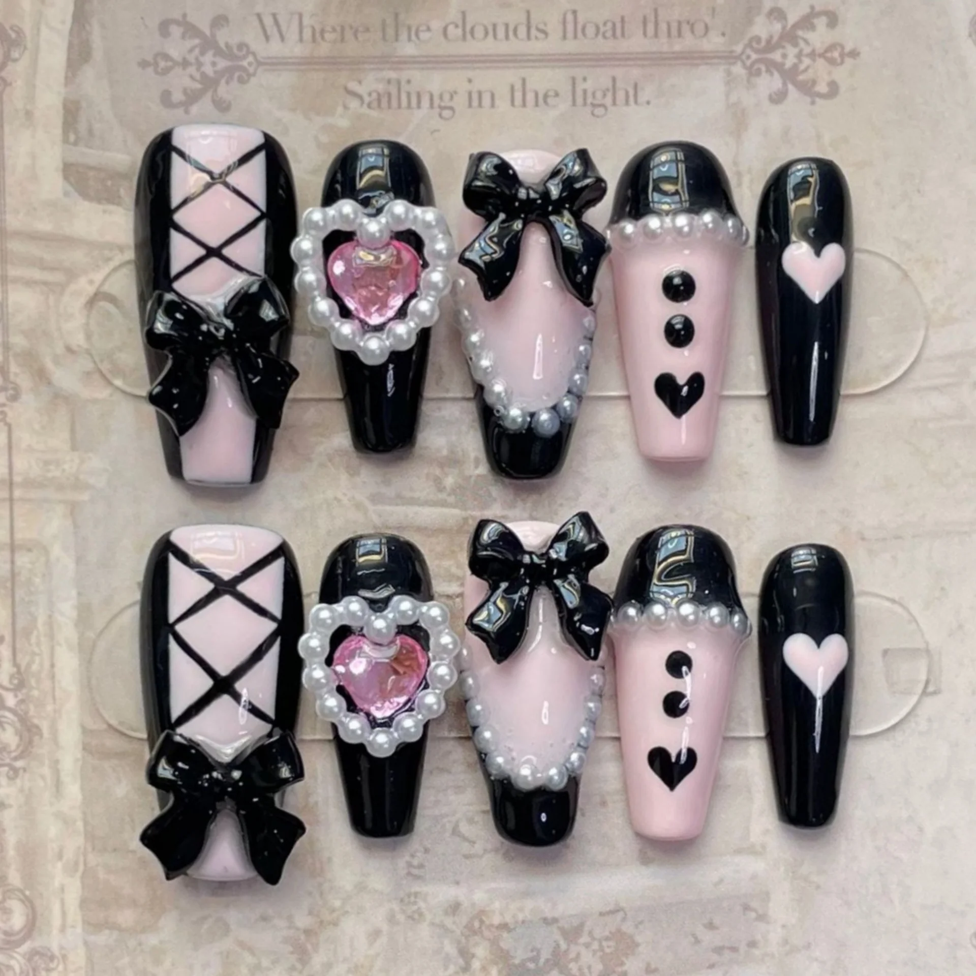 

10pcs Handmade Pink Black Heart False Nails with 3D Bows Decor Y2k Reusable Press on Nails Tips Long Ballerina Coffin Fake Nails