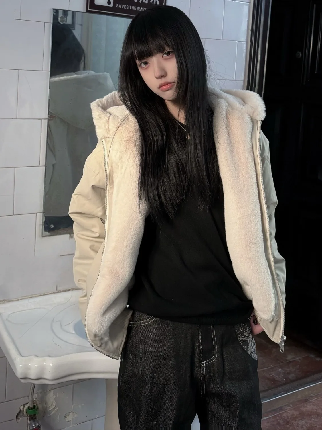 

American Sle Retro Heavyweight Fake Rabbit Fur Hooded Mountain Eagle Jaet Cotton Coat Men Winter Fce Lined Cotton Oute...