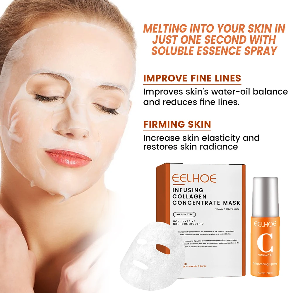 Mascarilla de colágeno de alto proteína, juego de pulverización que desvanece las ojeras, bolsas para los ojos, máscara VC-Spray, líneas finas ligeras, cuidado hidratante de la piel