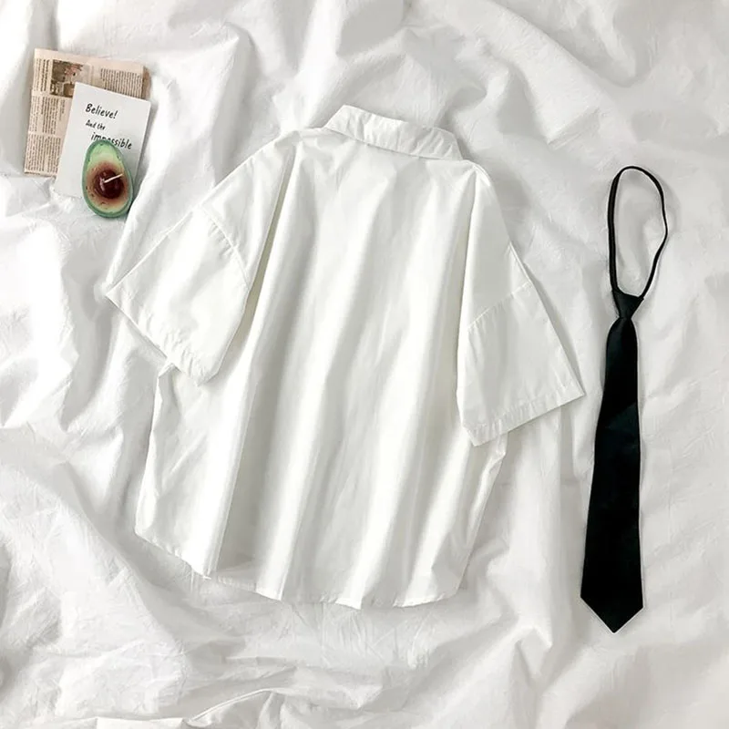 Xpqbb White Shirts Women Japan Style Preppy Students Black Tie JK Blouse Girls Simple Loose Summer Short Sleeve Button Up Tops