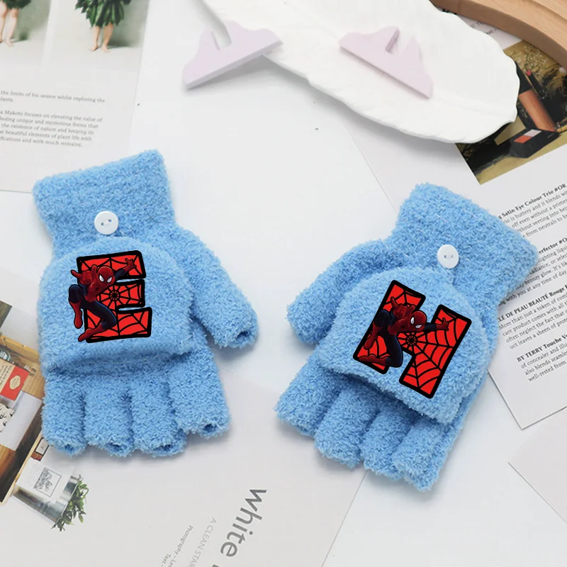 قفازات أنيمي أرقام الرجل العنكبوت 0-9 حرف A-Z بنين بنات نصف اصبع قفازات الوجه شتاء دافئ طالب القفازات هدايا عيد الميلاد