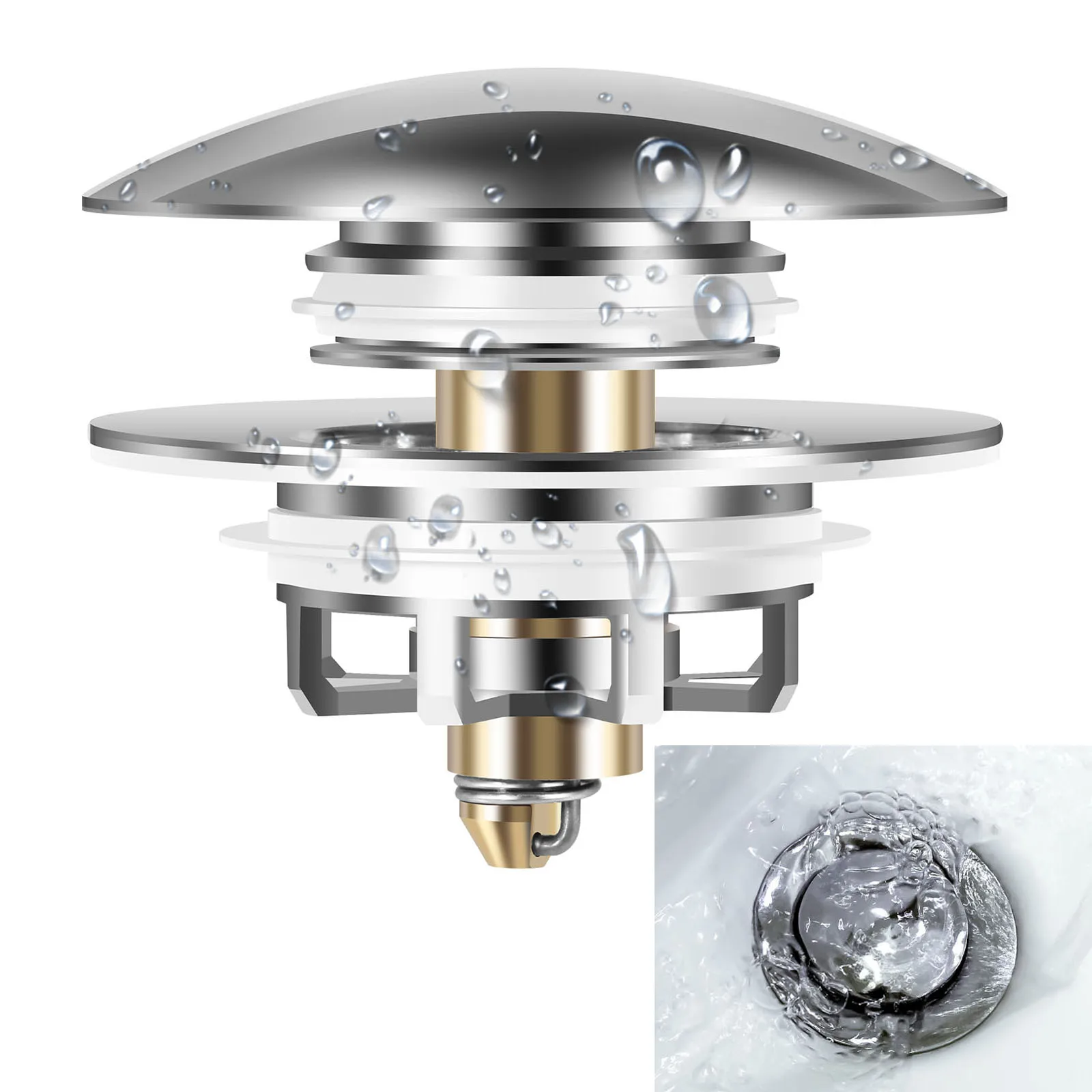 Bathtub Drain Filter Pop Up Sink Drain Stainless Steel Washbasin Plug and Cover Anti-Clogging Stopper Tub Kitchen Sink Strainer