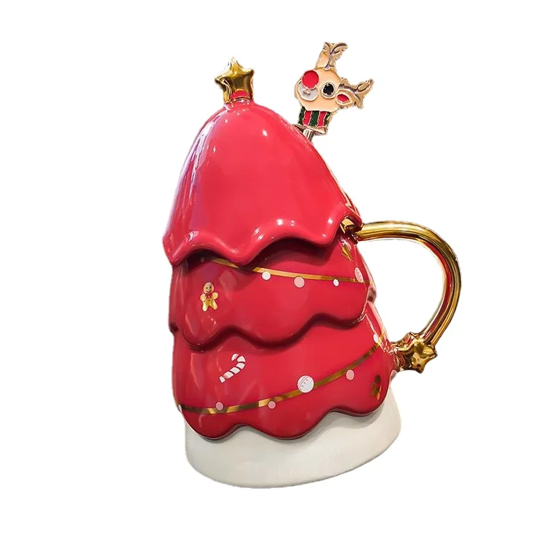 Christmas tree with high aesthetic value, niche ceramic mug with lid and spoon gift