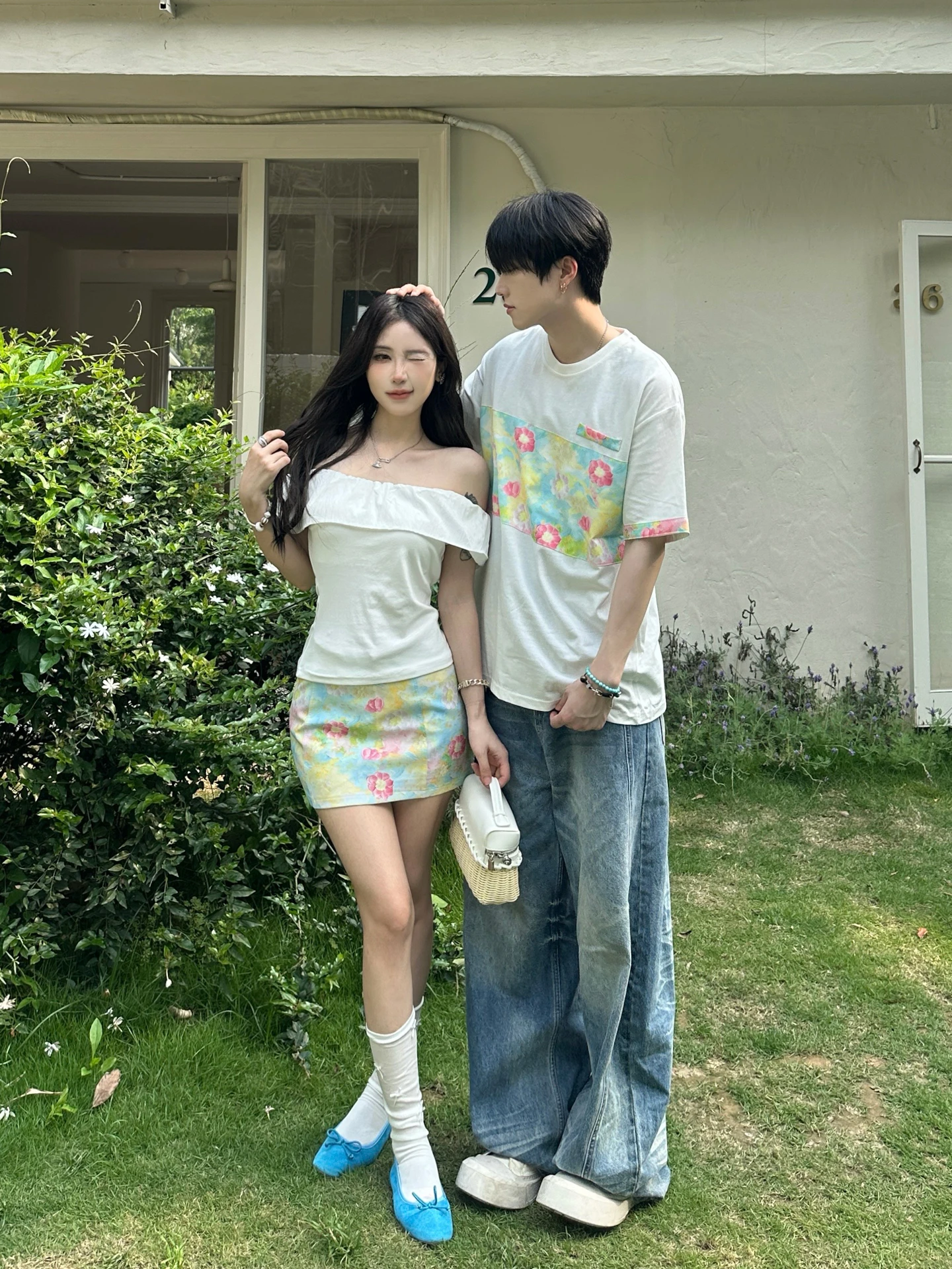 Couples Summer Short Sleeve T-Shirt Women's One Shoulder Slim Fit Men's Printed Casual Wear Breathable Floral Skirt Set