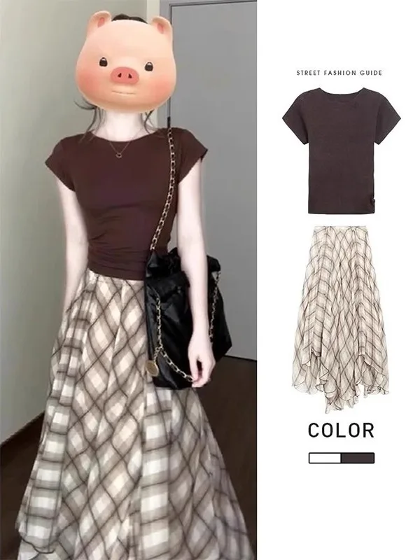 

American Style Slim Fit round Neck Short Sleeve T-Shirt And a Line Skirt Two Piece Set Summer Fashion Casual Wear