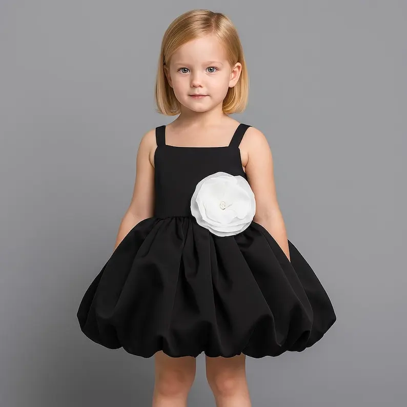 Flower Girls Dress Elegant Black Toddler Dress, White Flower Applique, Bubble Skirt, Special Occasion Outfit for Wedding Party