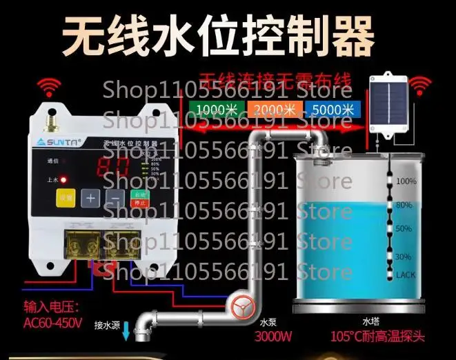 Wireless Remote Water Level Controller Water Pump Water Tower 220V 5000M Liquid Level Remote Control Float Sensor Switch