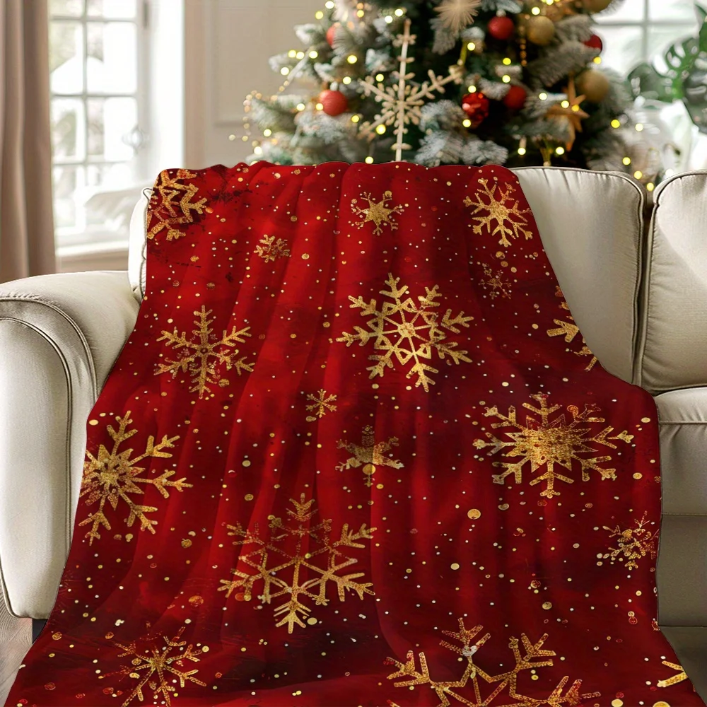 Soft, Warm Flannel Cozy Vintage Christmas Blanket with Golden Snowflakes - Perfect for Naps, Camping, Travel & Home Decor - Idea