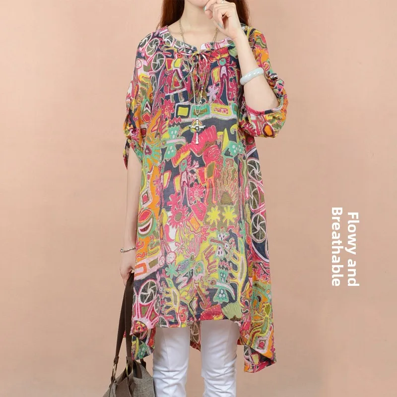 

Elegant Floral Print Chiffon Shirt Women's Midi Length Belted Drapy Fabric Highly Breathable Shirt Korean Style round Neck Fi...