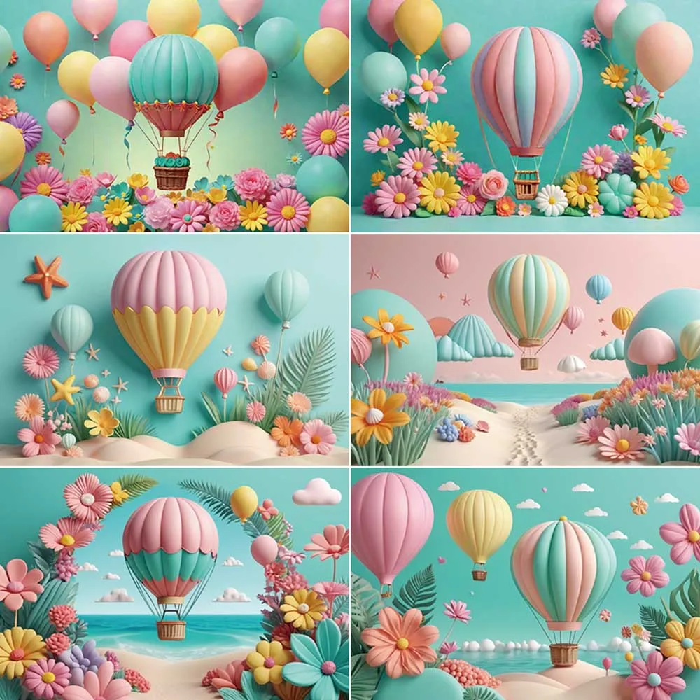 MOON.QG Hot Air Balloons Children Backdrops Scenery Flowers Tropical Backgrounds Custom Party Decoration Photobooth Supplies