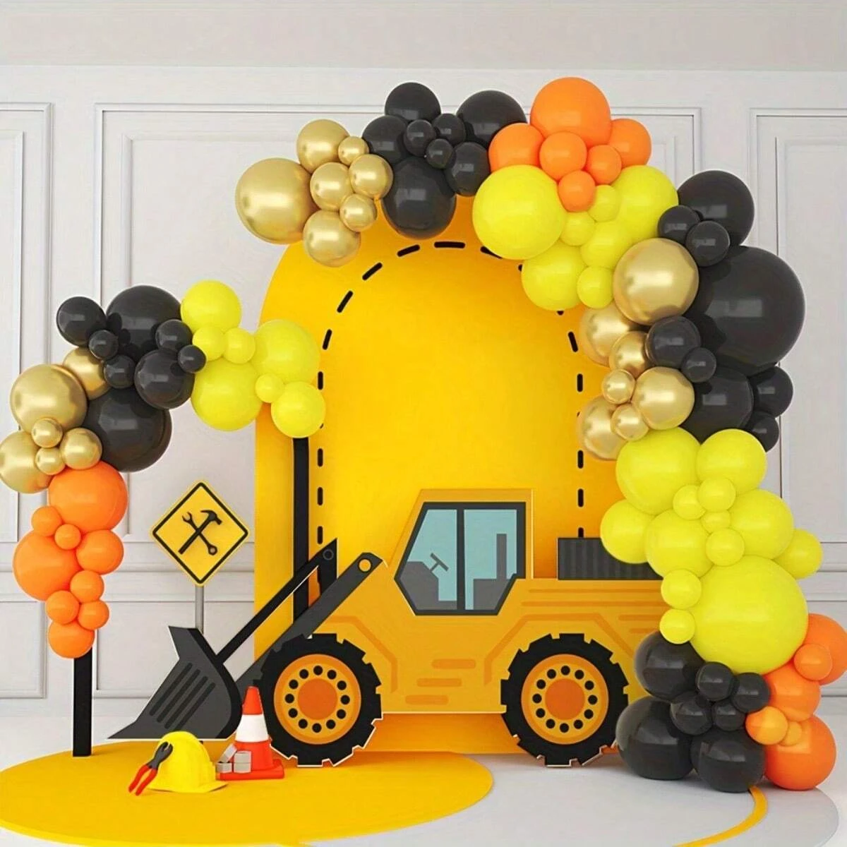 104pcs Black Yellow Orang Golden Foil Balloon Garland Set Balloon Arch Kit For Construction Theme Birthday Party Decorations