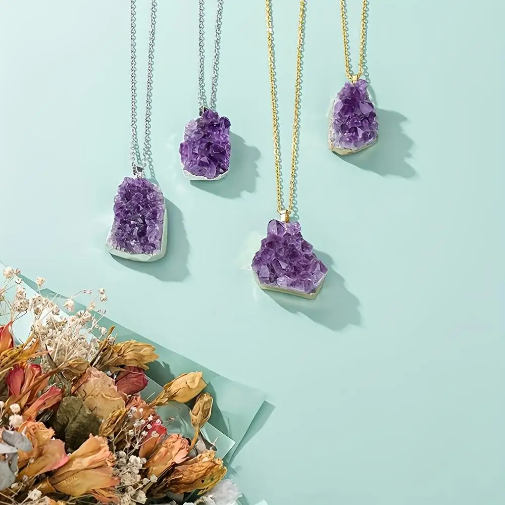 1pc Amethyst Cluster Crystal Necklace for Women Men, Irregular Raw Rough Loose Gemstones Amethyst Quartz Stone Pendant Necklace Jewelry - Creative Gifts for Father, Mother, Friends, Sisters and Grandparents on Valentine's Day, Birthday, Anniversary - view 4