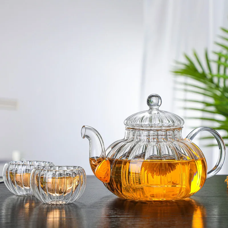 600ml Striped Pumpkin Shape Glass Teapot With Filter Heat Resistant Flower Tea Pot Kung Fu Puer Kettle Glass Tea Set Teaware