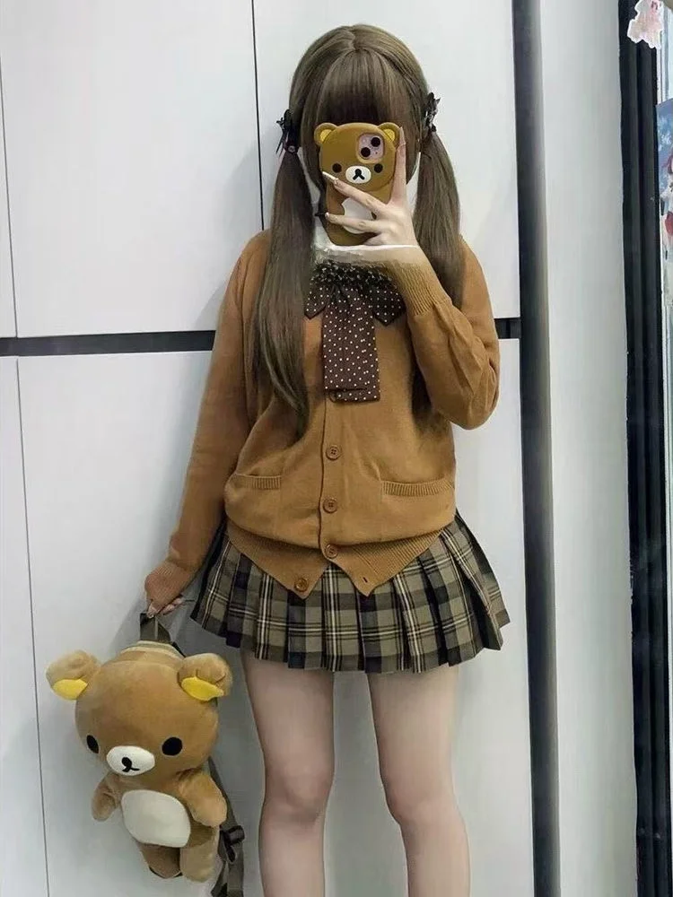 

Японский Sle JK orm Вязаный свитер Сахар Жареный каштановый цвет Кардиган Студенческий комплект с юбкой Sle ort Осень Зима