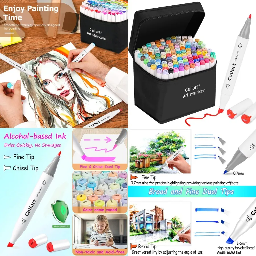 

Маркеры Caliart на спиртовой основе, 121 цветов, набор художественных маркеров с двумя наконечниками, перманентные цветные ручки для взрослых, книжка-раскраска, иллюзия для художников