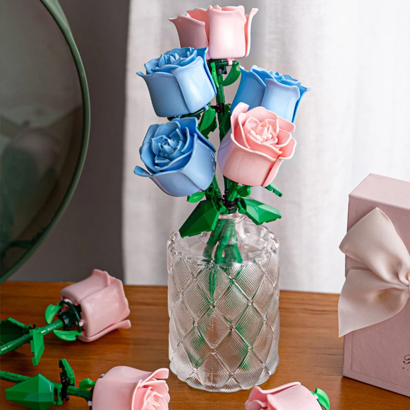 

3PCS Rose Flower Building Blocks Creative Everlasting Flower Blue Rose Model Bricks Desktop Deco Girl Romantic Gifts Kids Toys