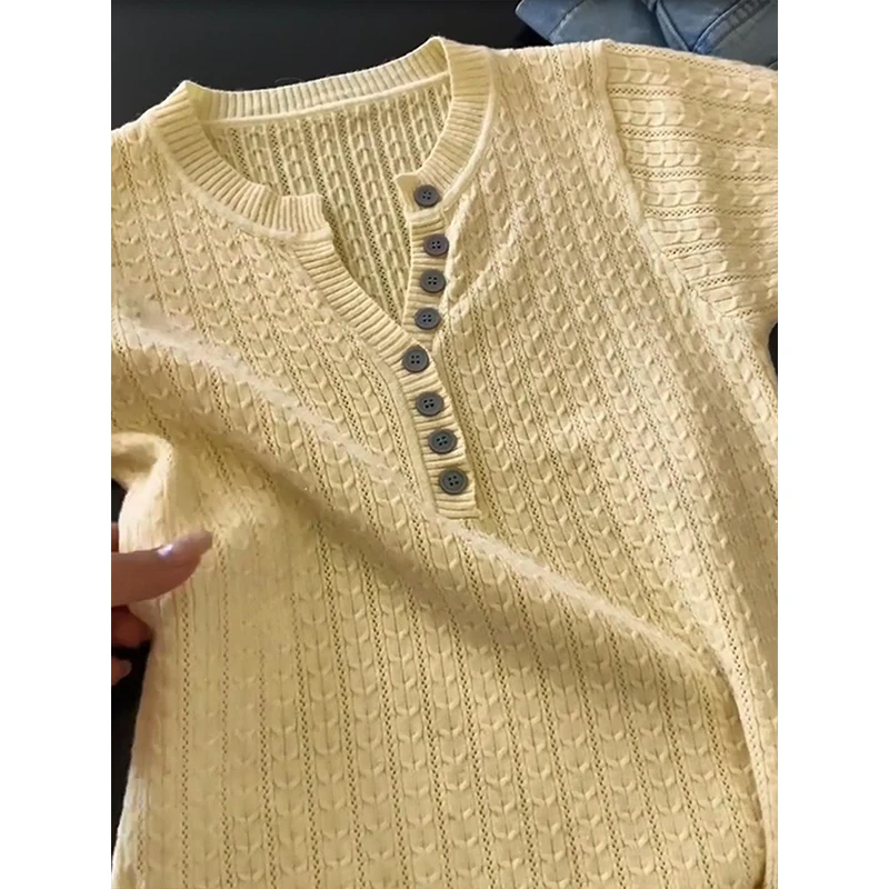 Doce Coreano Sle Amarelo Malha Or Sve Camiseta Feminina Faionable Versátil Top Verão Novo Design Rodada Ne Regular...