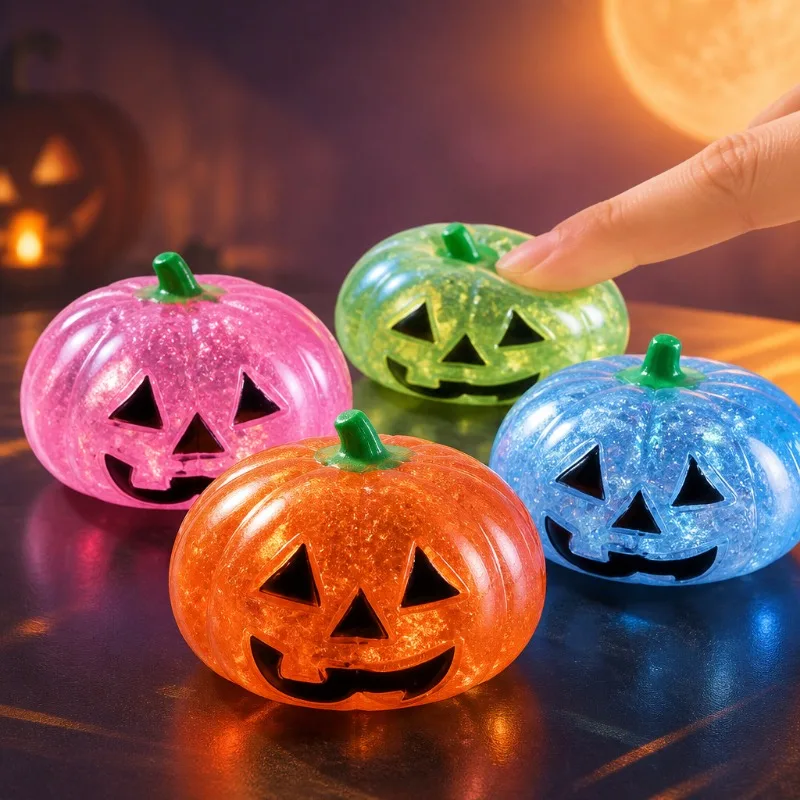 ハロウィン用パンプキンヘッド型ピンチおもちゃ4個セット、グリッター入りクリエイティブ減圧おもちゃ