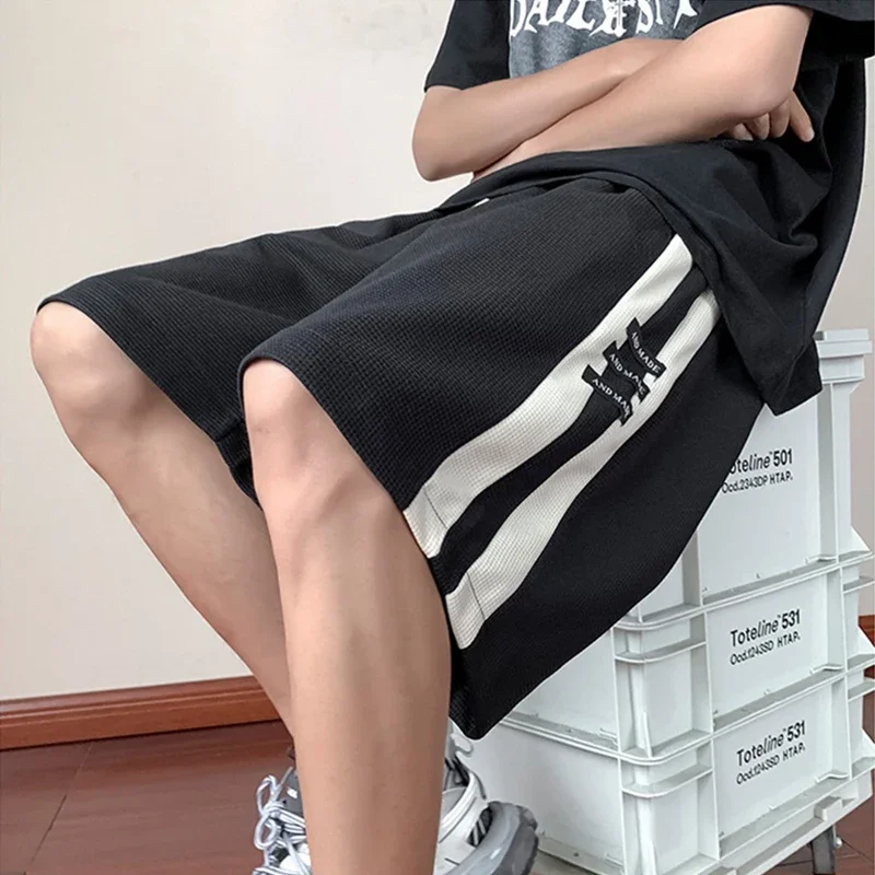 Summer Men's Bermuda Shorts Casual Loose Straight Elastic Waist Shorts Fashion Knitted Side Stripe Versatile Korean Trend Shorts