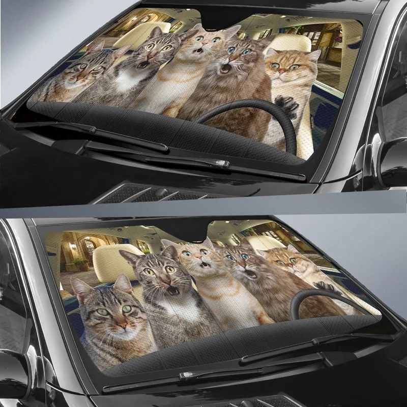 DocModel YOSA Car Sun Shade Windshield Bengal Cat Driver, Funny Cat Car Front Window Sunshades Cover, Universal Fit, Black, 57 X