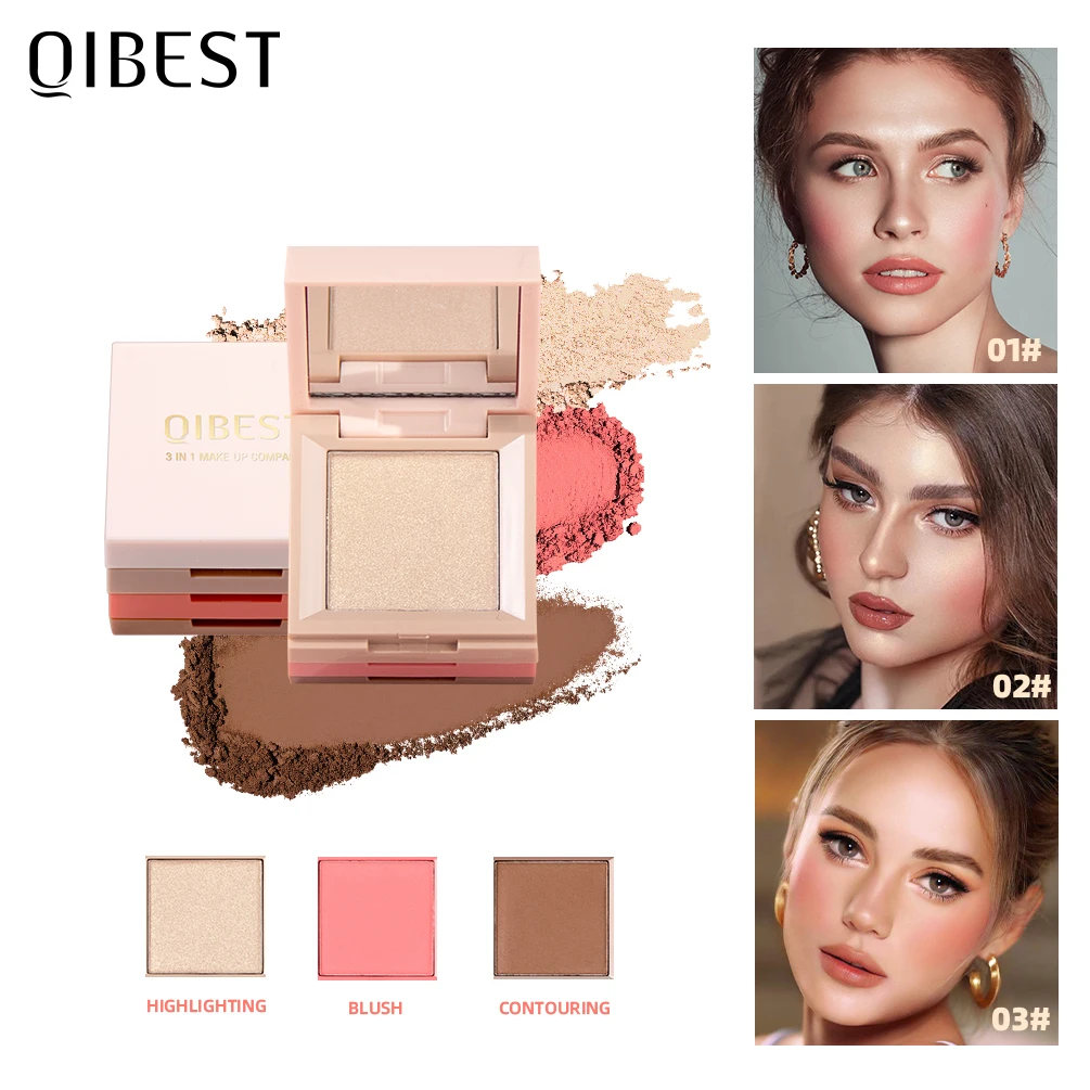 3 In 1 Highlighter Blush Palette Makeup Compact Face Contour Bronzer Shadow Peach Blush Powder Long-Lasting Cheek Tint Cosmetics