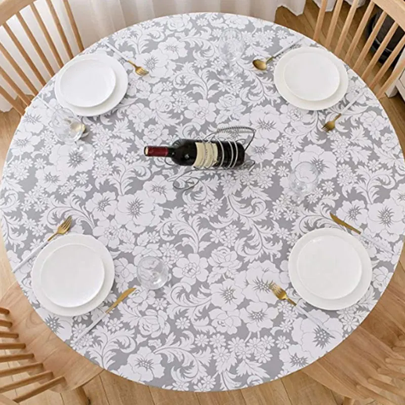 1pcs Elastic Edged Vinyl Fitted Tablecloth Round Flannel Backed Table Cover Oil & Waterproof Wipeable Table Cloth Dining Table