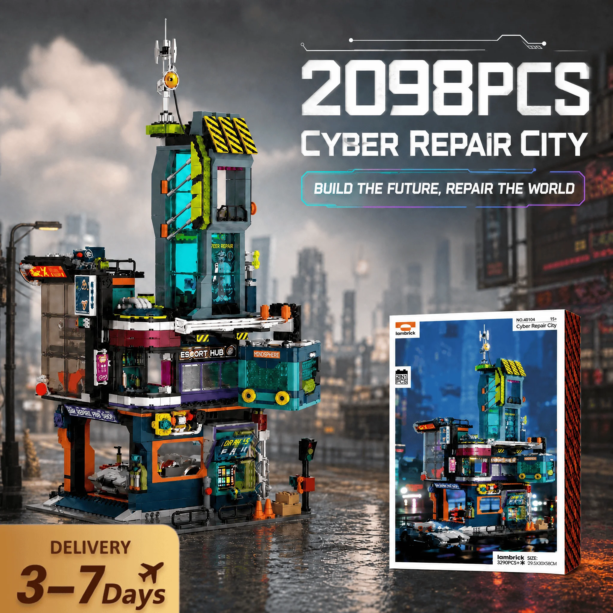 Cyber-Reparaturhaus-Bausteine-Set, Stadt-Apartment-Laden-Architektur, Modulares Montagemodell-Kit, Heimdekoration, Kreatives Erwachsenenspielzeug, 2098 Teile
