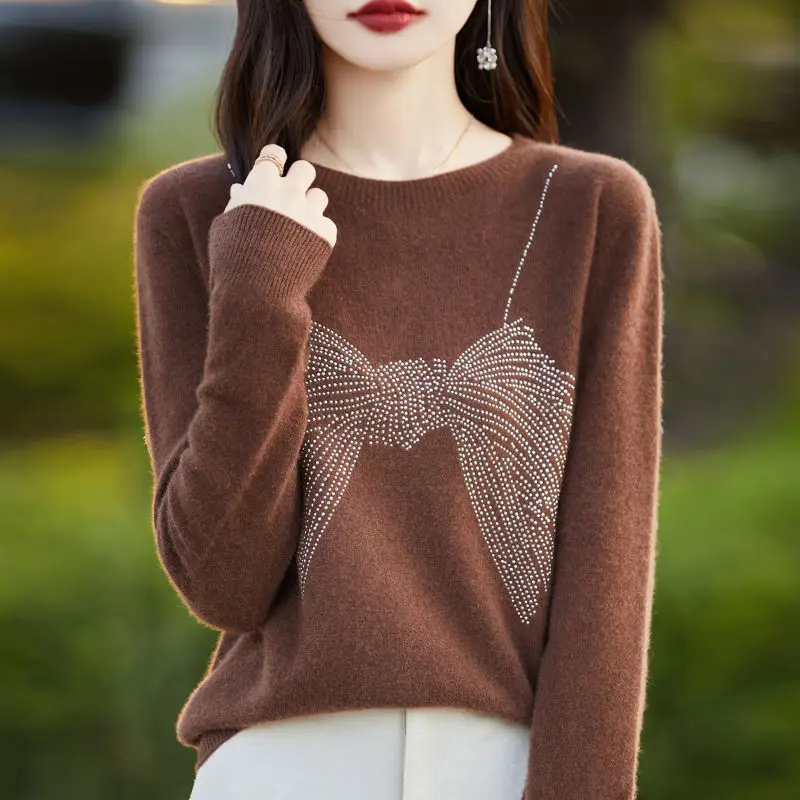 

Вязаный вручения из шерсти с бантом, топ с круглым вырезом, темпераментный модный базовый свитер, свободный свитер с высоким воротником