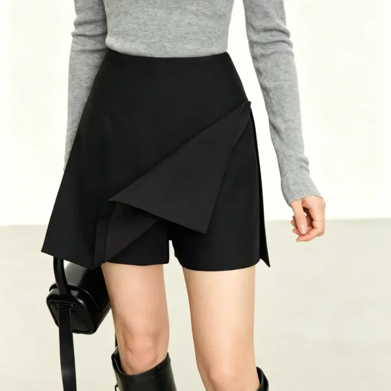 Women High Waist Irregular Wrap Skort Solid Suit Fabric A Line Split Anti Chafing Short Skirt Casual Commuter Bottoms