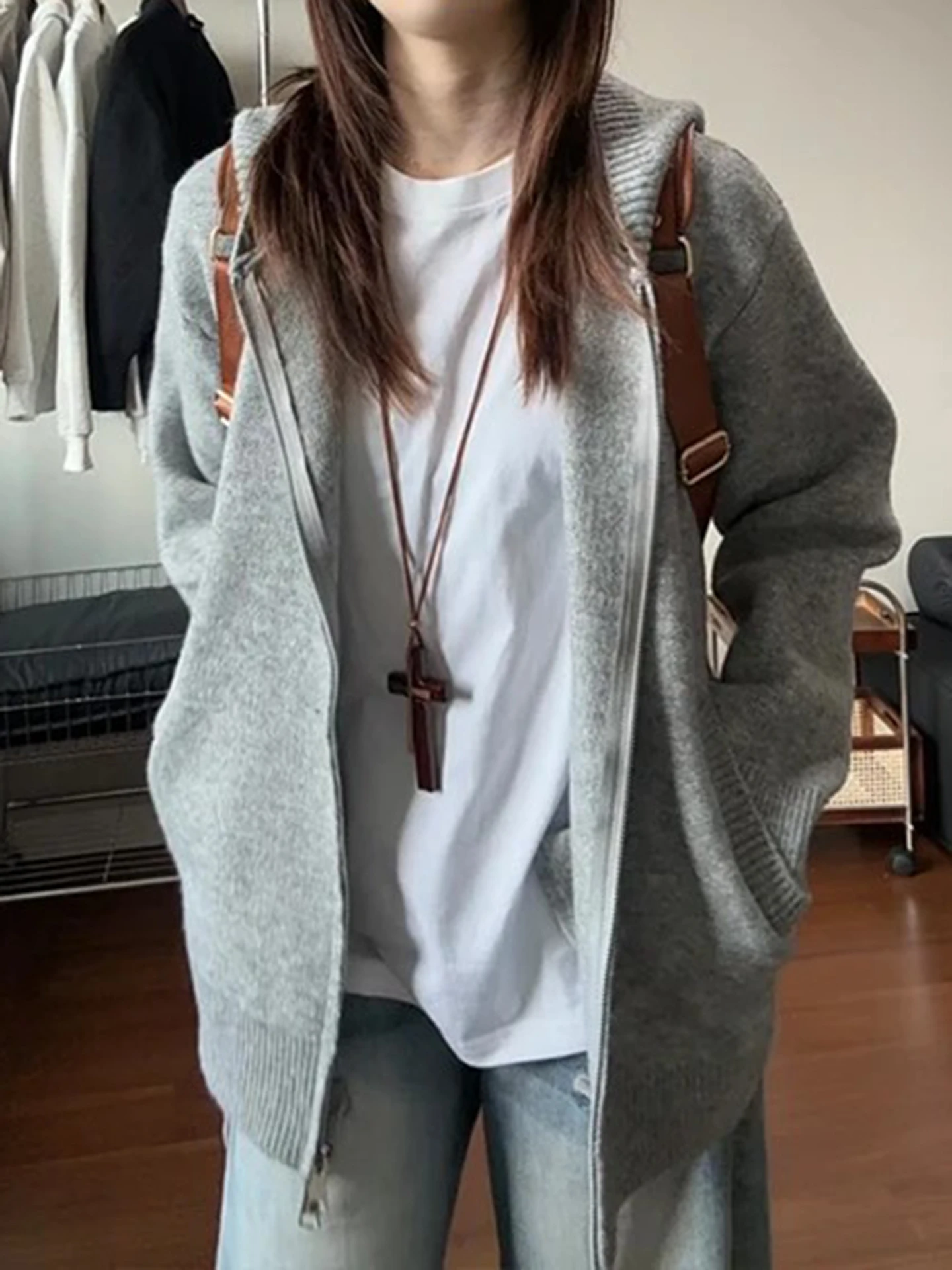 

Вязаный кардиган с двойной молнией, осенний, в стиле кэжуал, для пар, удобный крой, длинный рукав, с принтом