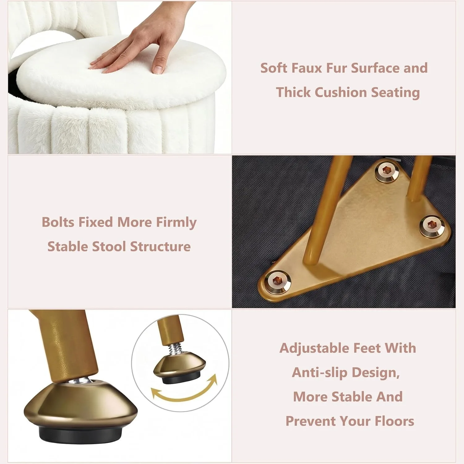 White Faux Fur Vanity Stool Chair with 7.9 Liter Hidden Storage Folding Backrest Thick Padded Seat Gold Metal Legs Adjustable Feet 284 LB Capacity Compact Makeup Ottoman Bench for Bedroom Living Room  image 7