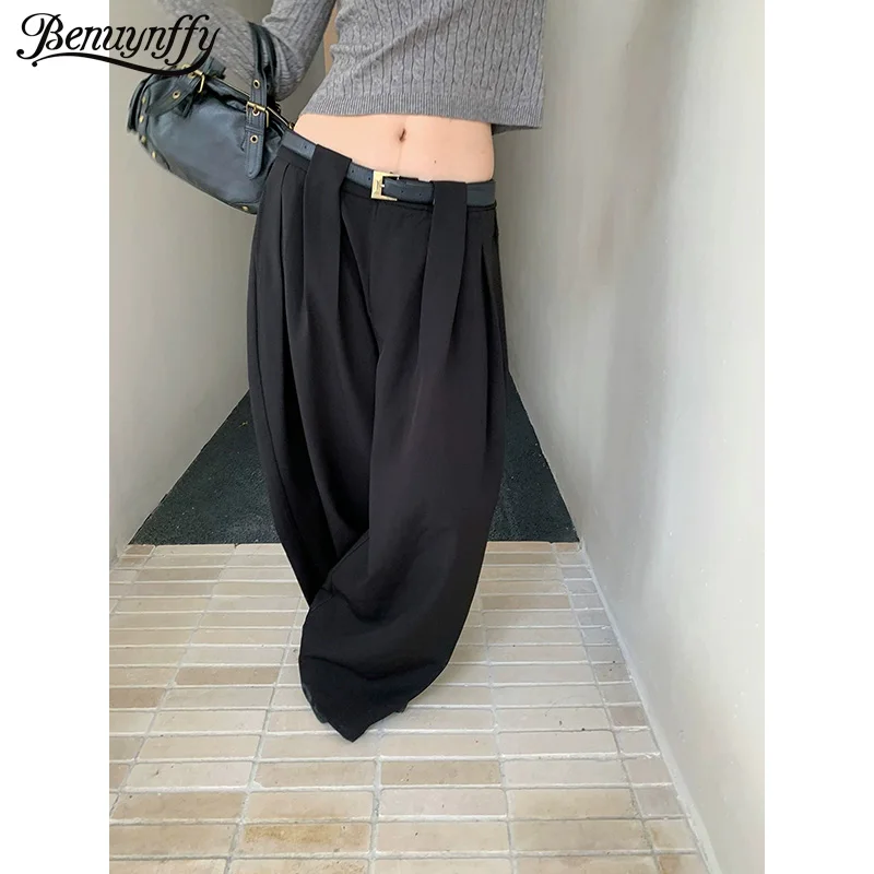 

Benuynffy American Pleated Low Waist Suit Pants for Women 2025 Autumn Winter New Black Loose Casual Ladies Wide Leg Pants