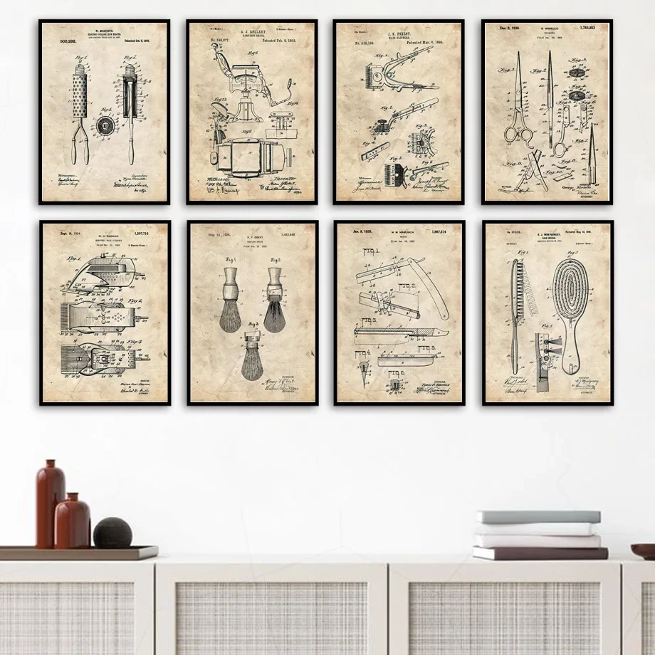 Multi-size 1PC frameless high-definition decorative paintings,Barber Patent Blueprints Vintage Posters Canvas Painting Prints Sh