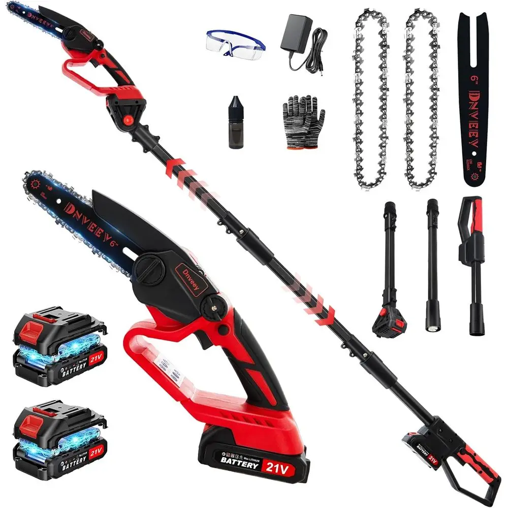 800W 6-Inch Mini Chainsaw, Lightweight 2-in-1 Tree Trimmer with 2x 21V Batteries and Extension Pole for Pruning and Yard Work