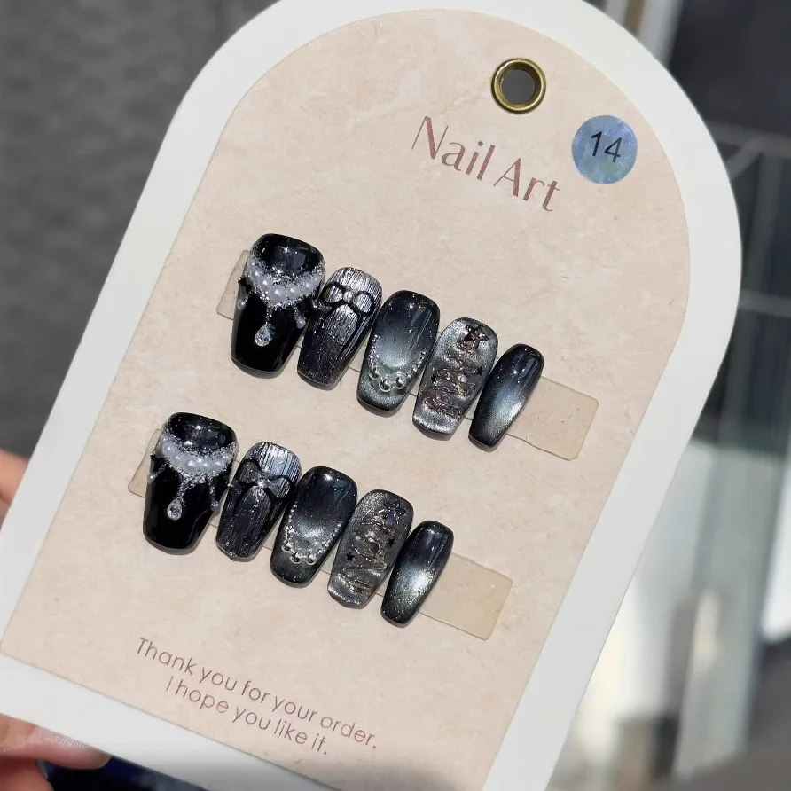 10Pcs Handmade Floral Retro Fake Nails Full Cover Black Hand-painted Press on Nails Elegance French Short Ballet Acrylic Nails