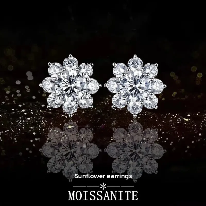 

S925 Silver Sunflower Necklace & Earrings Set with 2*0.5ct Moissanite, Elegant Floral Jewelry Gift for Women