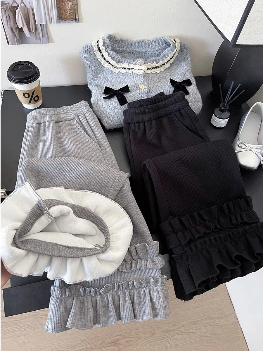 Spodnie damskie plus size na jesień i zimę, proste nogawki, wysoki stan, rozszerzane spodnie z koronkowym wykończeniem, ocieplane polarem, luźny krój, spodnie codzienne.