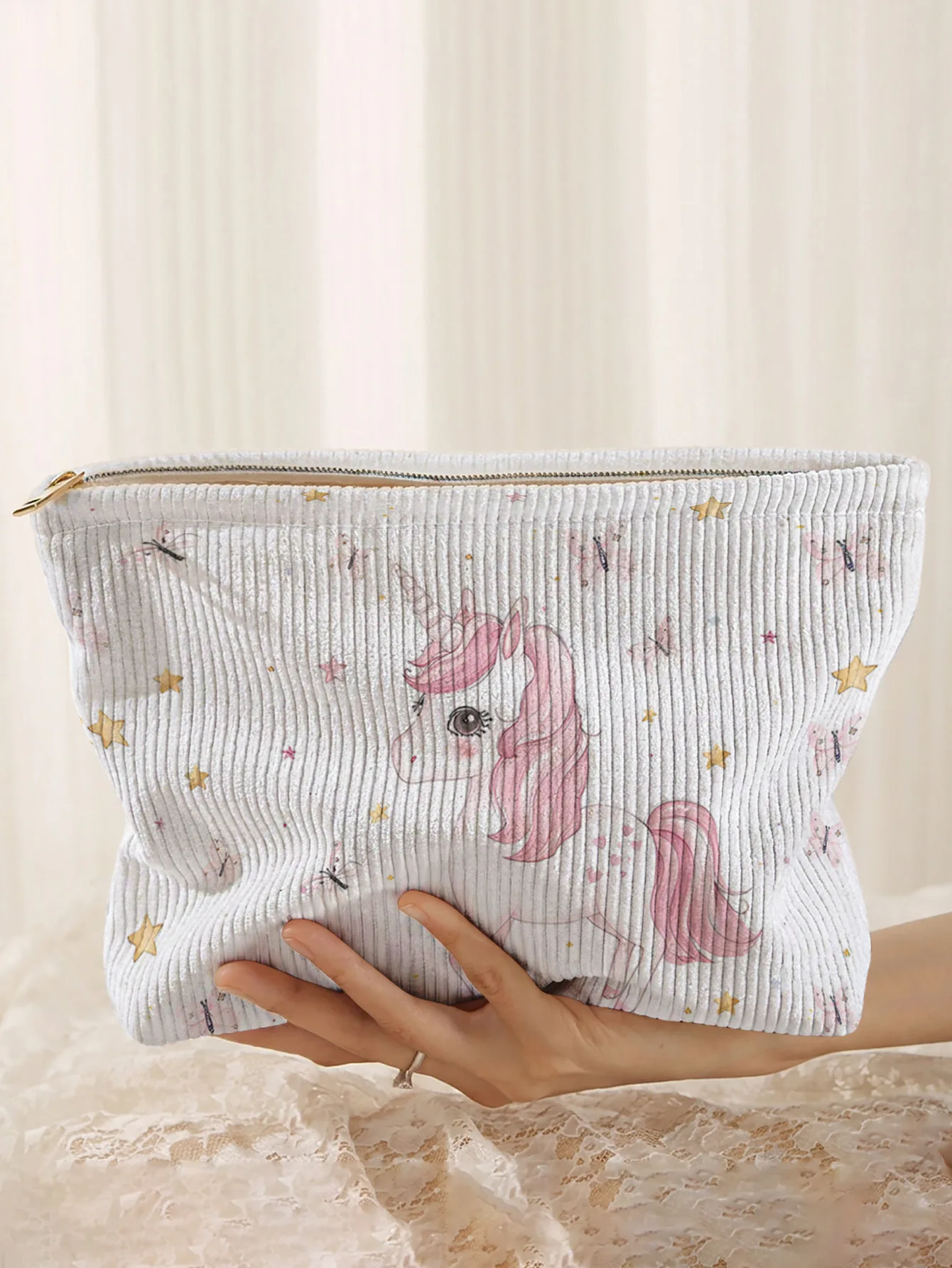 Pink unicorn star butterfly printed corduroy makeup bag, lightweight zipper pouch, multifunctional lined cosmetic bag