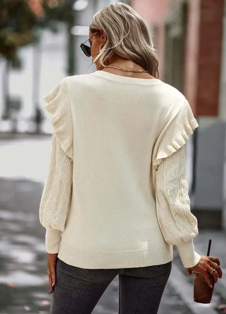 Cable Knit Ruffle Shoulder Sweater Solid Color Round Neck Long Sleeve Pullover Fashion Fall Winter Clothes for Women