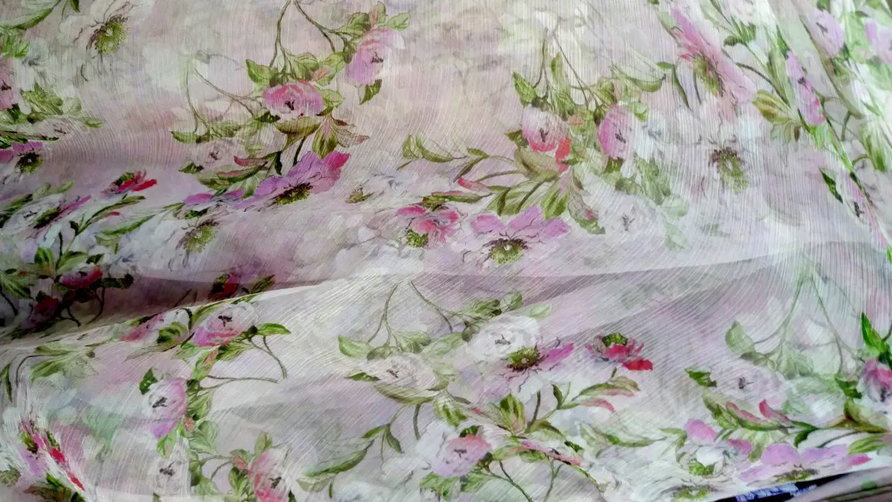 Real 100% pure mulberry silk chiffon fabric pleat pink floral print designer tulle fabrics sewing supplies summer dress handmade