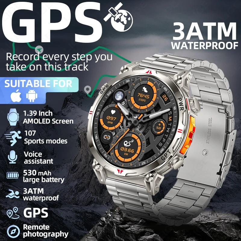 

Смарт-часы 1,39-дюймовый HD-экран 3ATM Водонепроницаемый фитнес-трекер Сердечный ритм 530 мАч GPS Профессиональные спортивные женские умные часы для здоровья