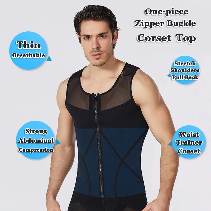 Mens Waist Trainer Corset Abdomen Slimming Shapewear Belly Shaping Top Gynecomastia Compression Shirts With Zipper Body Shaper