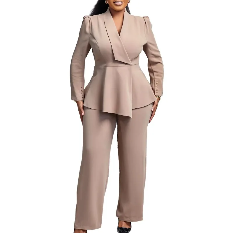 Women Two Pieces Set Elegant Long Sleeves Tops High Waist Pants Trousers Modest Peplum Office Ladies Work Wear Business Suit New