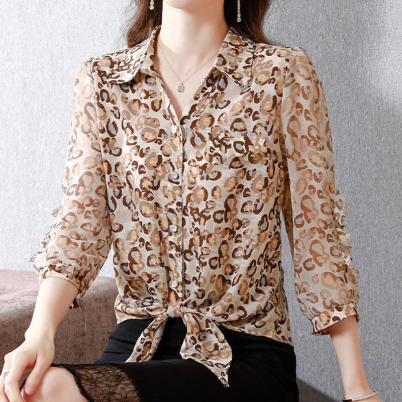 Fashion Fragmented Chiffon Blouse Women Shirt with 3/4 Sleeves Office Polo Collar Elegant All-match Lady Single-breasted Shirt