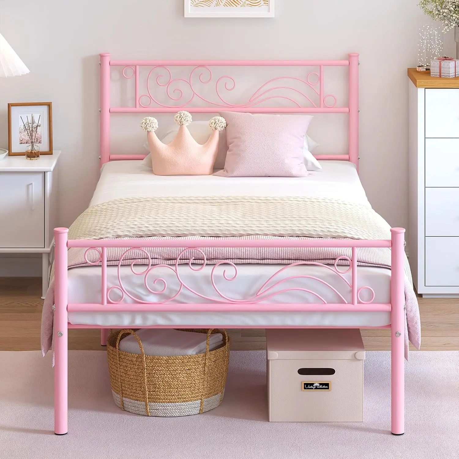 

Twin Bed Frames Metal Platform Heavy Duty Steel Slat Under Bed Storage for Kids Pink