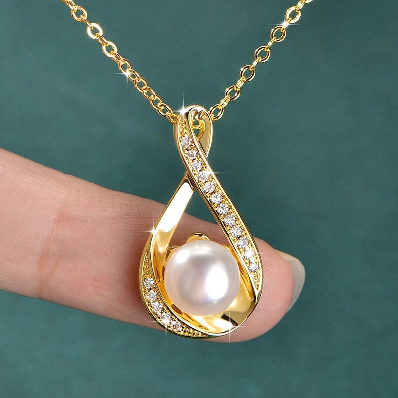 OXTAO Moissanite Natural Freshwater Pearl Pendant Necklace 14K Gold Filled Infinity Drop Necklaces Wedding Jewelry for Women